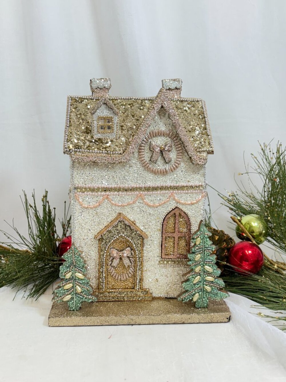 Christmas Holiday Beaded Encrusted Elegant Chic Village House W.Trees Gold New